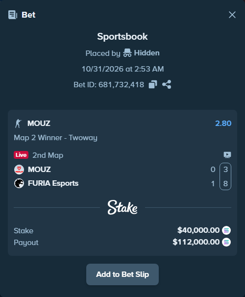 Bet slip: MOUZ - FURIA Esports, $40,026.26 stake at 2.80 odds, placed by Hidden