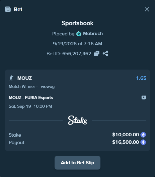 Bet slip: MOUZ - FURIA Esports, $9,815.00 stake at 1.65 odds, placed by Mabruch