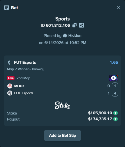 Bet slip: MOUZ - FUT Esports, $106,006.00 stake at 1.65 odds, placed by Hidden