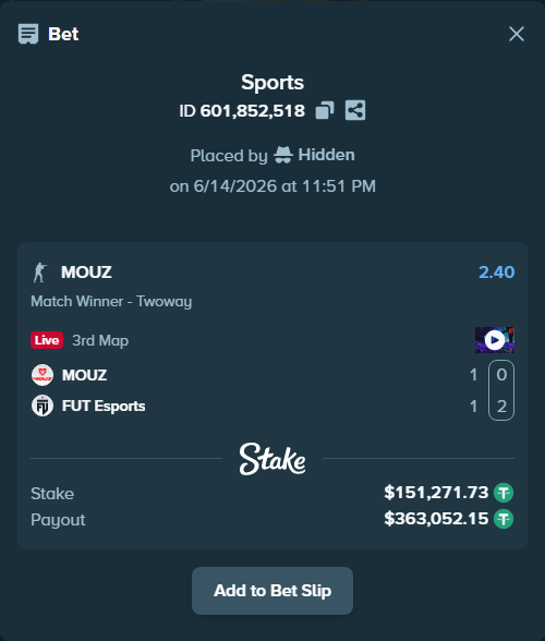 Bet slip: MOUZ - FUT Esports, $151,423.00 stake at 2.40 odds, placed by Hidden