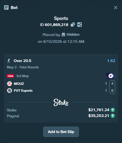 Bet slip: MOUZ - FUT Esports, $21,783.00 stake at 1.62 odds, placed by Hidden