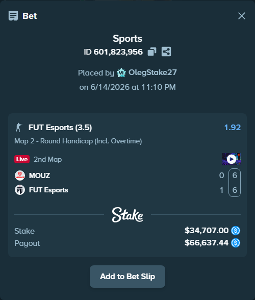 Bet slip: MOUZ - FUT Esports, $34,707.00 stake at 1.92 odds, placed by OlegStake27