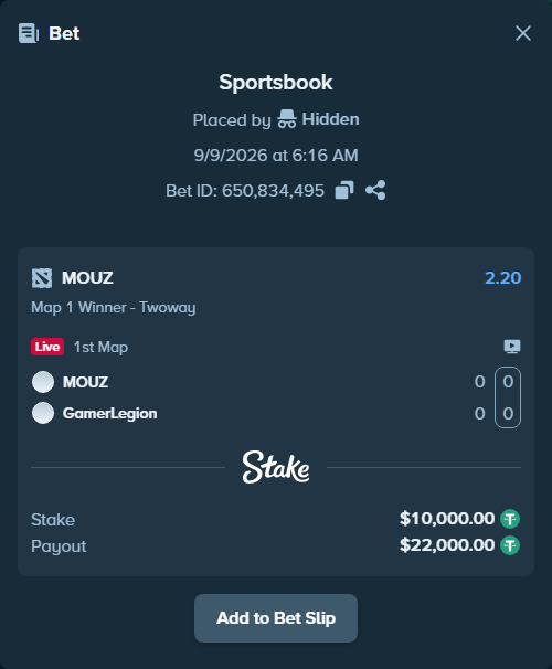 Bet slip: MOUZ - GamerLegion, $10,000.00 stake at 2.20 odds, placed by Hidden