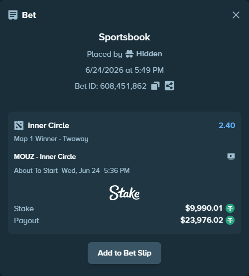 Bet slip: MOUZ - Inner Circle, $10,000.00 stake at 2.40 odds, placed by Hidden