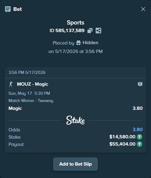 Bet slip: MOUZ - Magic, $14,580.00 stake at 3.80 odds, placed by Hidden