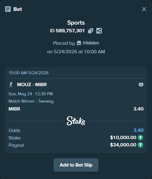 Bet slip: MOUZ - MIBR, $10,000.00 stake at 3.40 odds, placed by Hidden