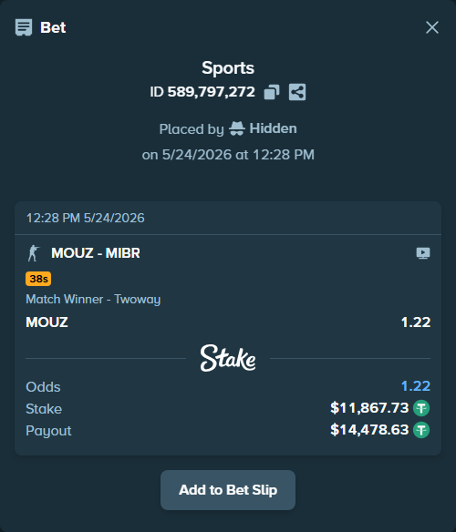 Bet slip: MOUZ - MIBR, $11,879.60 stake at 1.22 odds, placed by Hidden
