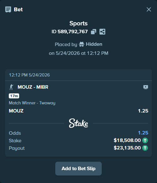 Bet slip: MOUZ - MIBR, $18,526.51 stake at 1.25 odds, placed by Hidden