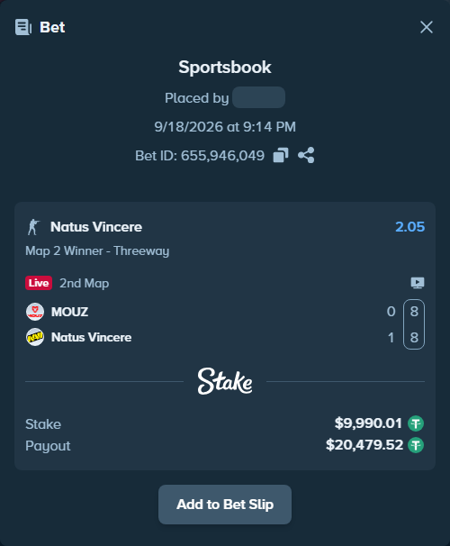 Bet slip: MOUZ - Natus Vincere, $10,000.00 stake at 2.05 odds, placed by saszakoncza