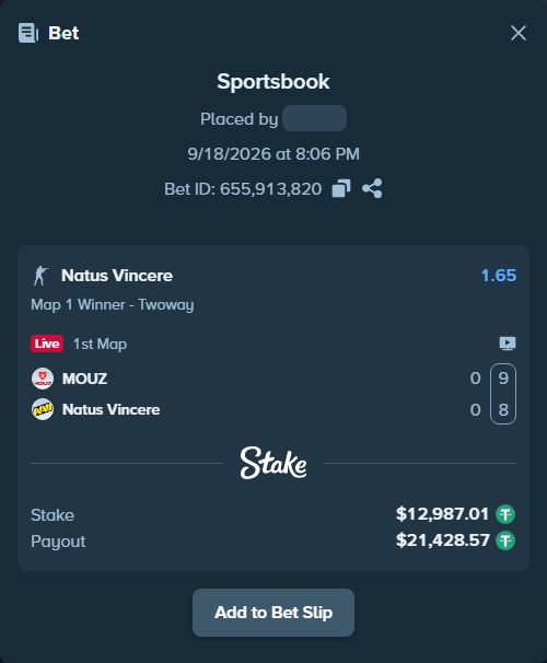 Bet slip: MOUZ - Natus Vincere, $13,000.00 stake at 1.65 odds, placed by fantasy7788