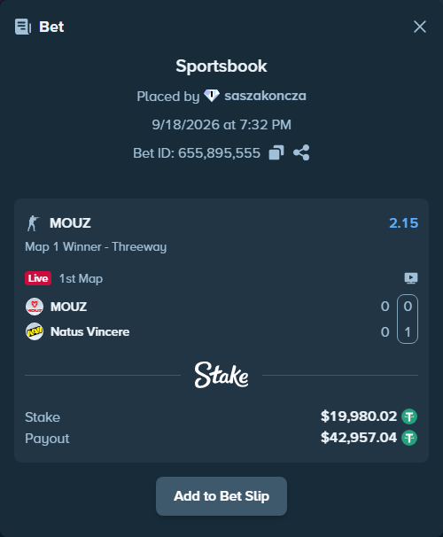 Bet slip: MOUZ - Natus Vincere, $20,000.00 stake at 2.15 odds, placed by saszakoncza