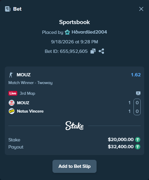 Bet slip: MOUZ - Natus Vincere, $20,020.00 stake at 1.62 odds, placed by Håvardlied2004