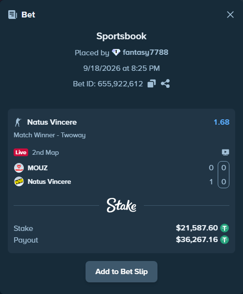 Bet slip: MOUZ - Natus Vincere, $21,609.18 stake at 1.68 odds, placed by fantasy7788