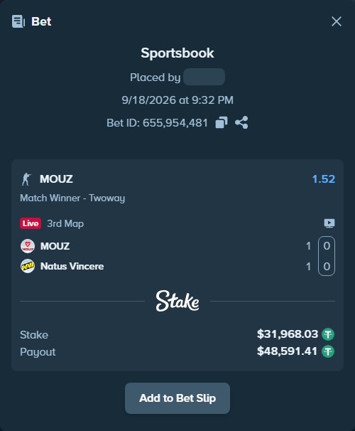 Bet slip: MOUZ - Natus Vincere, $32,000.00 stake at 1.52 odds, placed by saszakoncza