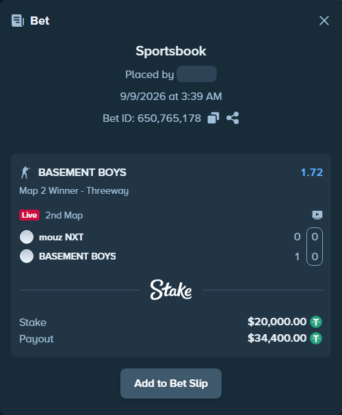 Bet slip: mouz NXT - BASEMENT BOYS, $20,000.00 stake at 1.72 odds, placed by saszakoncza