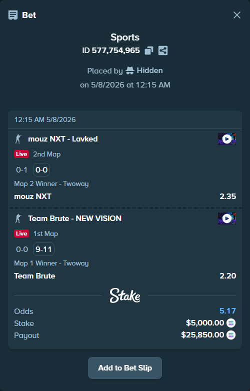 Bet slip: mouz NXT - Lavked, $4,153.88 stake at 2.35 odds, placed by Hidden