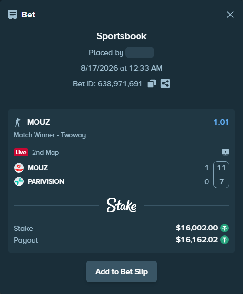Bet slip: MOUZ - PARIVISION, $16,018.00 stake at 1.01 odds, placed by Mopsik33