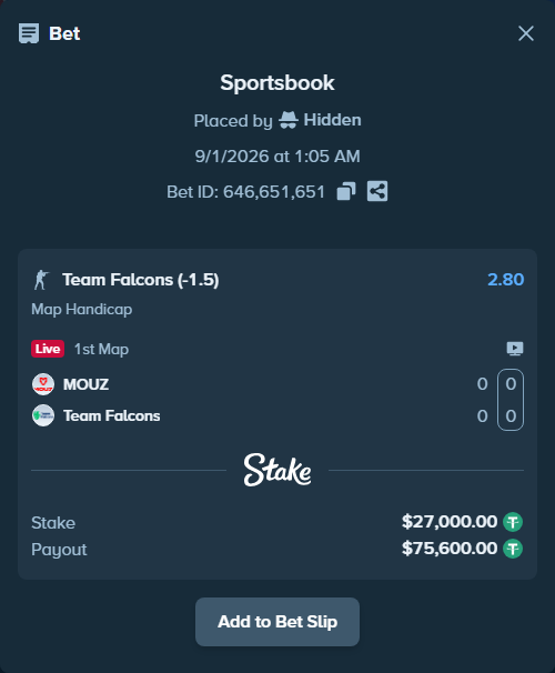 Bet slip: MOUZ - Team Falcons, $27,000.00 stake at 2.80 odds, placed by Hidden