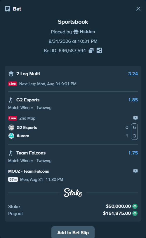 Bet slip: MOUZ - Team Falcons, $50,000.00 stake at 1.75 odds, placed by Hidden