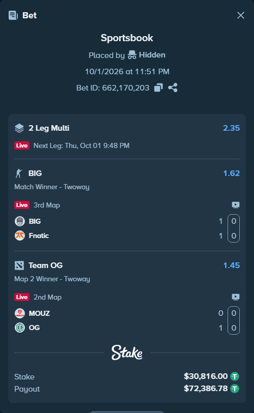 Bet slip: MOUZ - Team OG, $30,816.00 stake at 1.45 odds, placed by Hidden