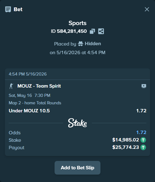 Bet slip: MOUZ - Team Spirit, $15,000.00 stake at 1.72 odds, placed by Hidden