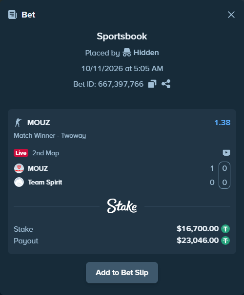 Bet slip: MOUZ - Team Spirit, $16,716.70 stake at 1.38 odds, placed by Håvardlied2004