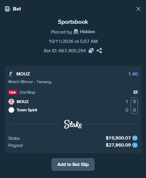 Bet slip: MOUZ - Team Spirit, $19,900.07 stake at 1.40 odds, placed by Rubino208