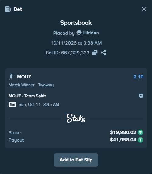 Bet slip: MOUZ - Team Spirit, $20,000.00 stake at 2.10 odds, placed by Hidden