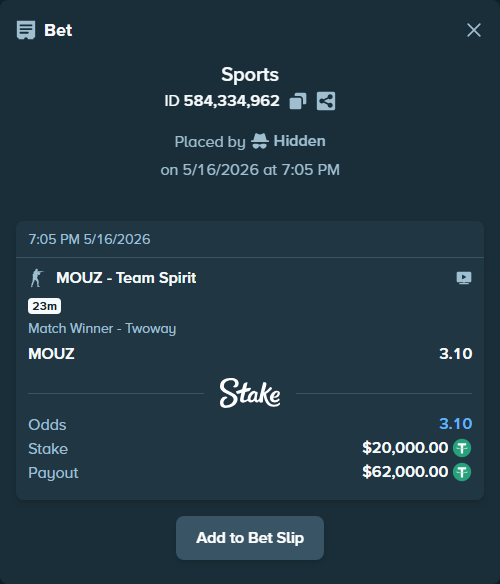 Bet slip: MOUZ - Team Spirit, $20,020.00 stake at 3.10 odds, placed by Hidden