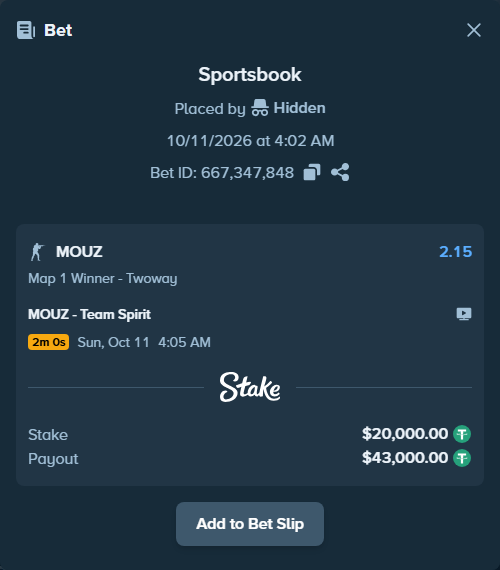Bet slip: MOUZ - Team Spirit, $20,020.00 stake at 2.15 odds, placed by Hidden