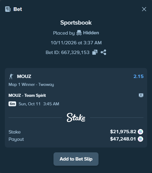 Bet slip: MOUZ - Team Spirit, $21,958.97 stake at 2.15 odds, placed by Pobeda8888