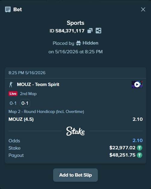 Bet slip: MOUZ - Team Spirit, $23,000.00 stake at 2.10 odds, placed by Hidden