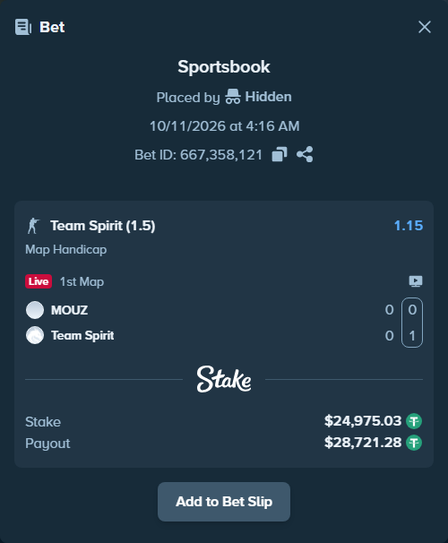 Bet slip: MOUZ - Team Spirit, $25,000.00 stake at 1.15 odds, placed by Hidden