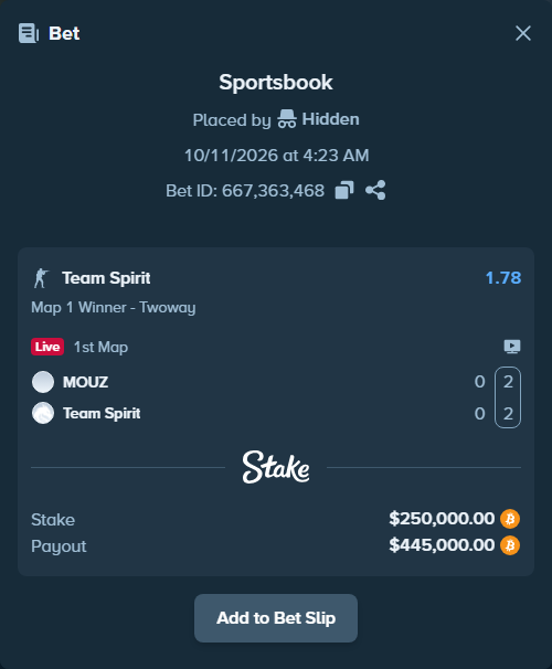 Bet slip: MOUZ - Team Spirit, $249,709.60 stake at 1.78 odds, placed by Hidden