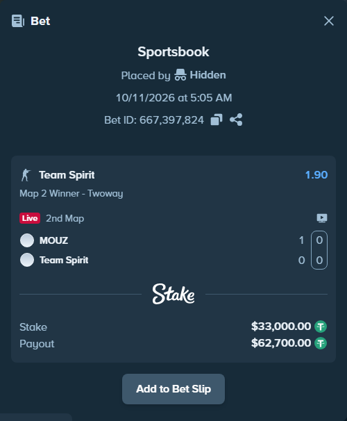Bet slip: MOUZ - Team Spirit, $33,033.00 stake at 1.90 odds, placed by Hidden