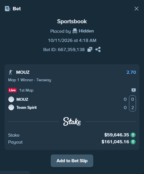 Bet slip: MOUZ - Team Spirit, $59,706.00 stake at 2.70 odds, placed by Mnt41