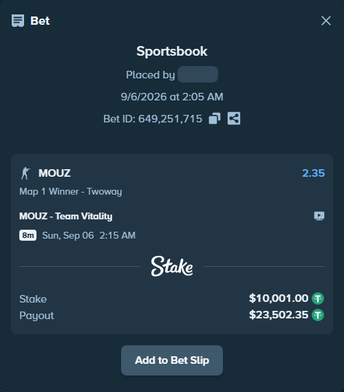 Bet slip: MOUZ - Team Vitality, $10,000.00 stake at 2.35 odds, placed by saszakoncza