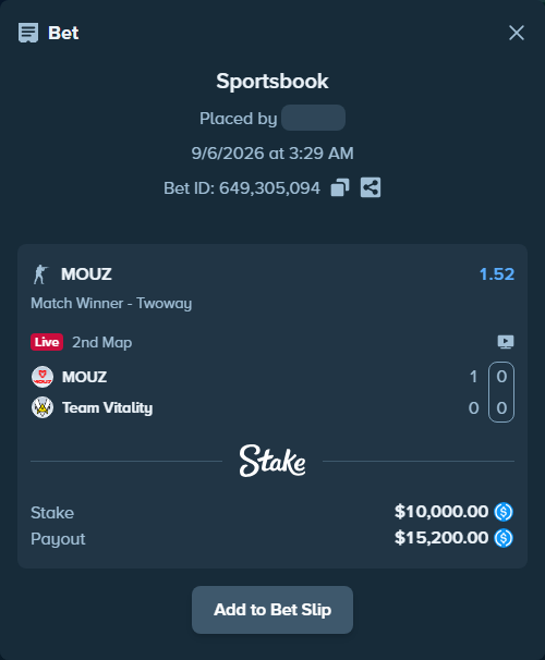 Bet slip: MOUZ - Team Vitality, $10,000.00 stake at 1.52 odds, placed by Host97