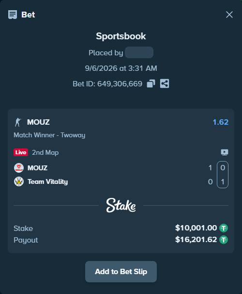 Bet slip: MOUZ - Team Vitality, $10,000.00 stake at 1.62 odds, placed by winnirium228