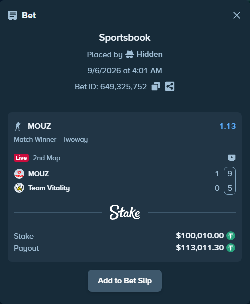Bet slip: MOUZ - Team Vitality, $100,000.00 stake at 1.13 odds, placed by Hidden