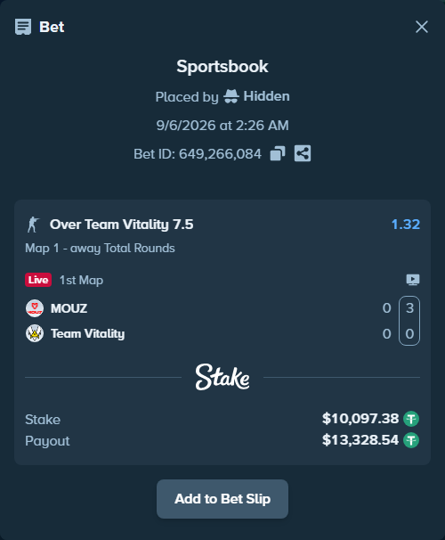 Bet slip: MOUZ - Team Vitality, $10,096.37 stake at 1.32 odds, placed by Hidden