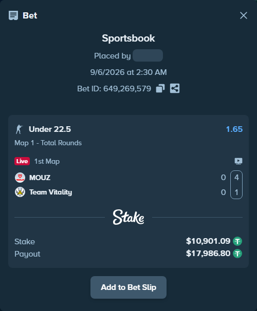 Bet slip: MOUZ - Team Vitality, $10,900.00 stake at 1.65 odds, placed by saszakoncza