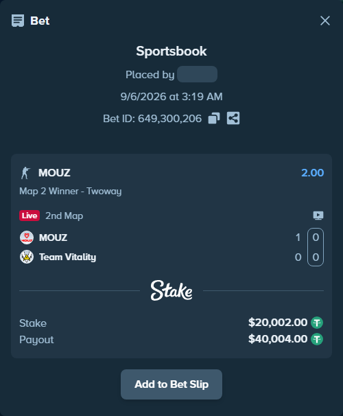 Bet slip: MOUZ - Team Vitality, $20,000.00 stake at 2.00 odds, placed by fantasy7788