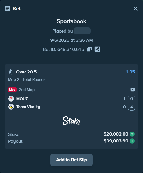Bet slip: MOUZ - Team Vitality, $20,000.00 stake at 1.95 odds, placed by saszakoncza