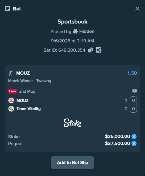 Bet slip: MOUZ - Team Vitality, $25,000.00 stake at 1.50 odds, placed by Hidden