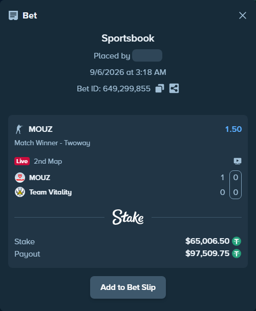 Bet slip: MOUZ - Team Vitality, $65,000.00 stake at 1.50 odds, placed by fantasy7788