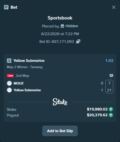 Bet slip: MOUZ - Yellow Submarine, $20,000.00 stake at 1.02 odds, placed by Hidden