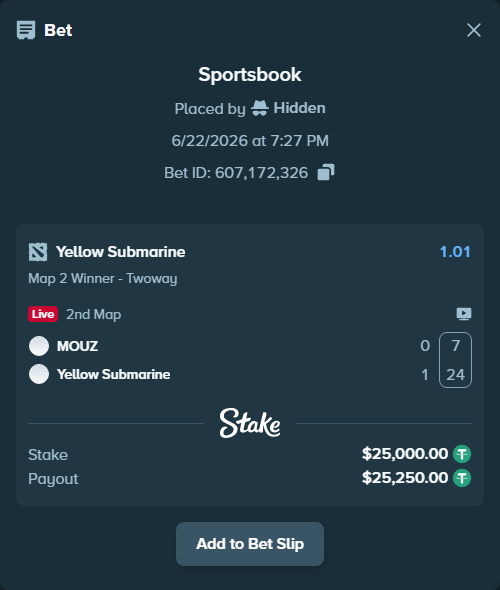 Bet slip: MOUZ - Yellow Submarine, $25,025.00 stake at 1.01 odds, placed by Hidden