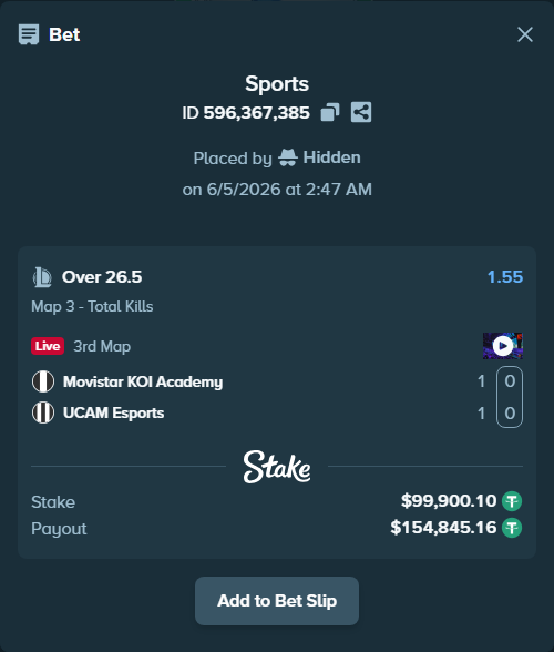Bet slip: Movistar KOI Academy - UCAM Esports, $100,000.00 stake at 1.55 odds, placed by Hidden