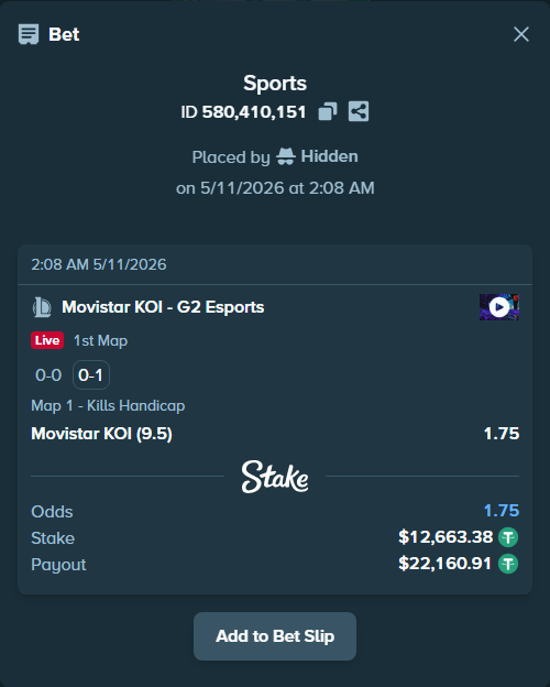 Bet slip: Movistar KOI - G2 Esports, $12,663.38 stake at 1.75 odds, placed by Hidden